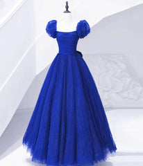 Cute Tulle Long Prom Dress with Bow, Royal Blue Short Sleeve Evening Party Dress