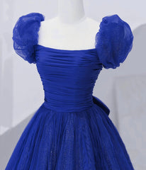Cute Tulle Long Prom Dress with Bow, Royal Blue Short Sleeve Evening Party Dress