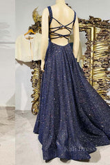 Dark blue sequin long prom dress , blue evening dress