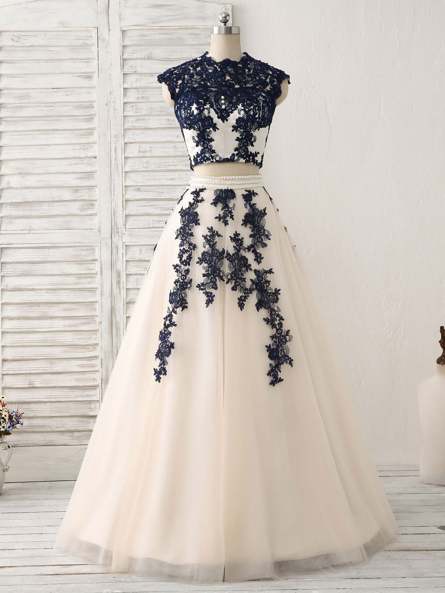 Dark Blue Two Pieces Lace Tulle Long Prom Dress Blue Evening Dress