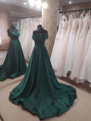 Dark Green Satin Off Shoulder Long Formal Dress with Slit, Long Evening Dresses