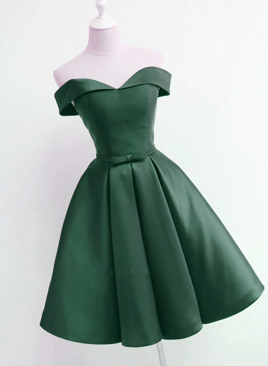 Dark Green Satin Off Shoulder Short Prom Dress, Green Homecoming Dresses