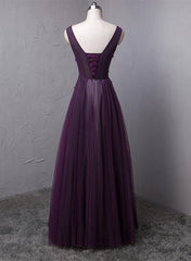 Dark Purple V-neckline Beaded Tulle Long Formal Dress, Purple Evening Dress