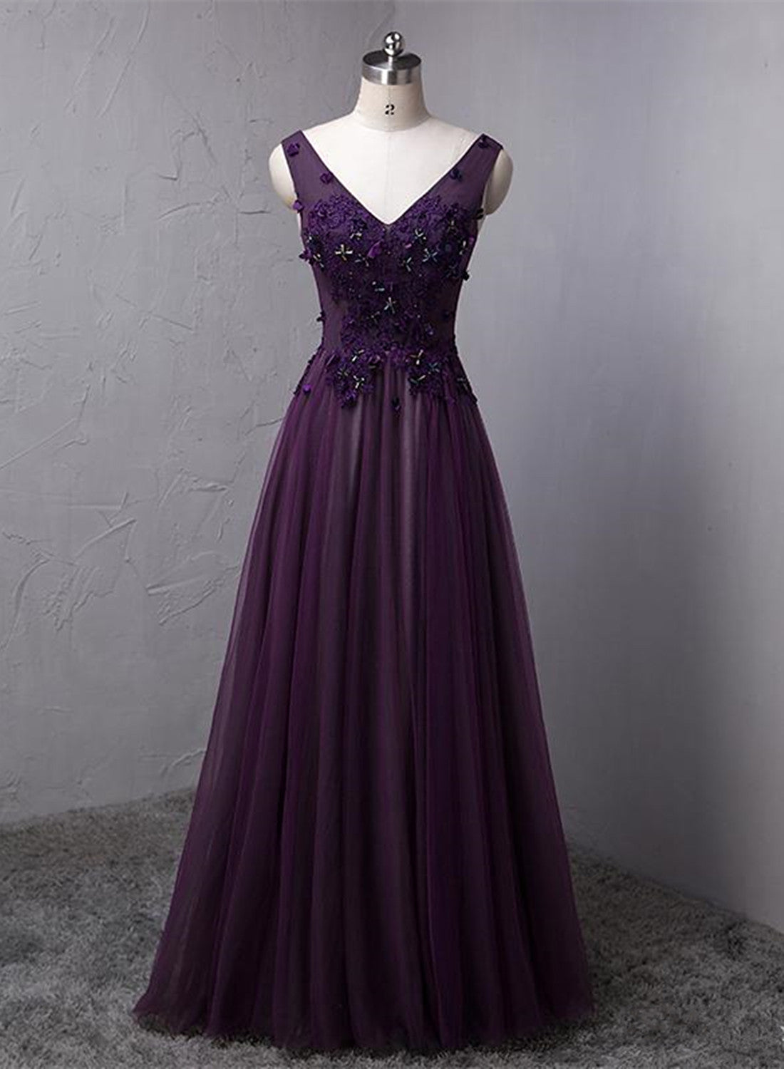 Dark Purple V-neckline Beaded Tulle Long Formal Dress, Purple Evening Dress