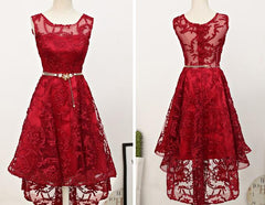 Dark Red High Low Lace Party Dress Homecoming Dress, Red Short Prom Dress