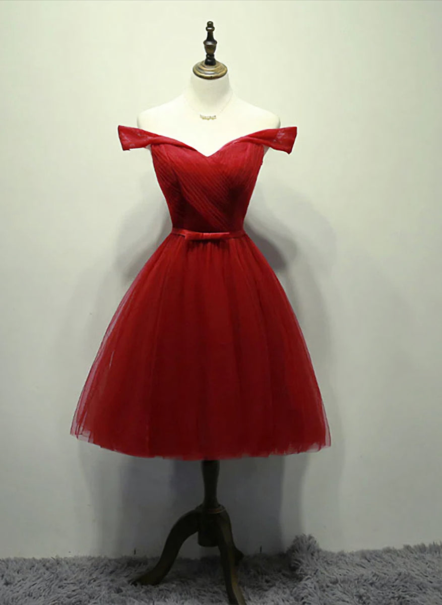 Dark Red Off the Shoulder Tulle Knee Length Party Dress, Red Homecoming Dress