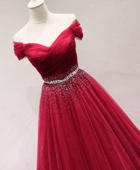 Dark Red Tulle Off Shoulder Long Prom Dress, Beaded Party Dress