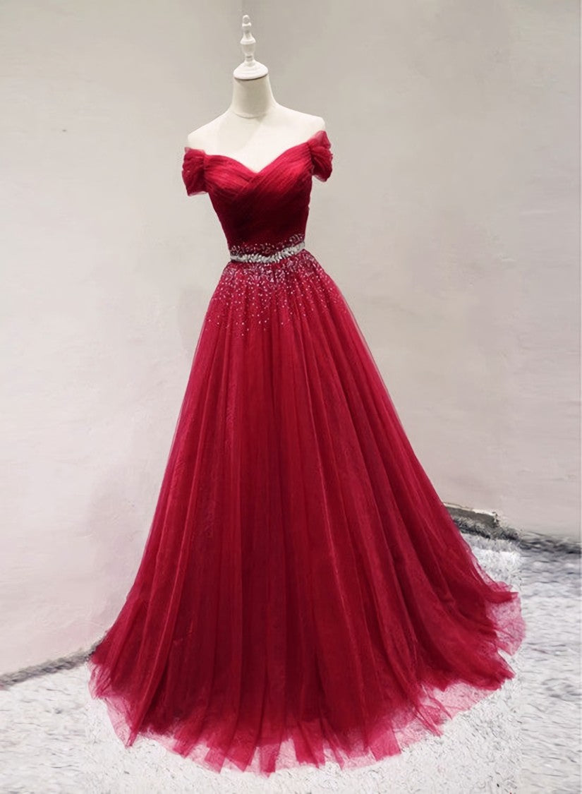 Dark Red Tulle Off Shoulder Long Prom Dress, Beaded Party Dress