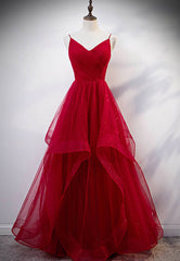 Burgundy Tulle Long Prom Dresses, V-Neck Evening Dress