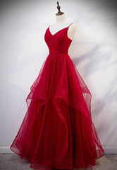 Burgundy Tulle Long Prom Dresses, V-Neck Evening Dress