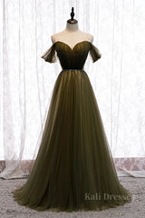 Dusty Green Off-the-Shoulder Pleated Maxi Formal Dress with Beaded Sash
