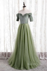 Dusty Sage Beaded Illusion Neck Off-the-Shoulder Long Formal Dress with Sleeves
