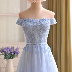 Elegant Light Blue Lace Applique Top Long Party Dress, Off Shoulder Bridesmaid Dress