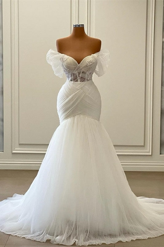 Elegant Off the Shoulder Floor Length Mermaid Tulle Wedding Dress