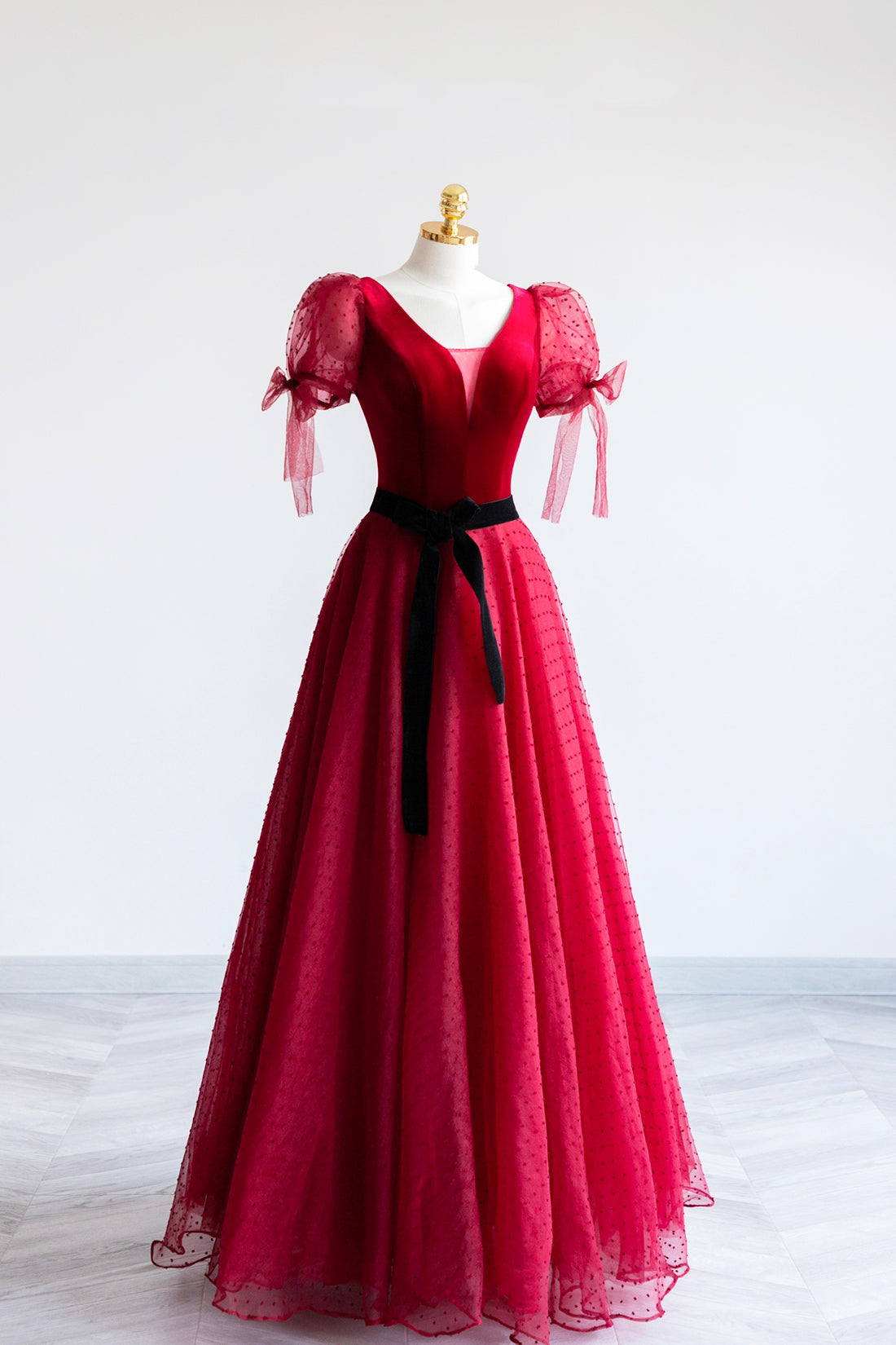 Elegant V-Neck Tulle and Velvet Long Prom Dress, Burgundy A-Line Evening Dress