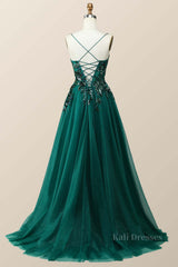 Emerald Green Beaded Tulle Long Formal Dress