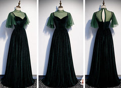 Fashionable Dark Green Velvet Long Party Gown, Green Bridesmaid Dress
