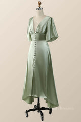 Flare Sleeves Green Empire Midi Bridesmaid Dress
