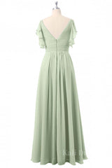 Flutter Sleeves Sage Green Pleated Long Bridesmaid Dress
