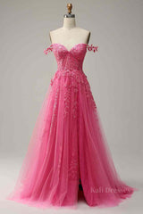 Fuchsia Dark Navy A-line Spaghetti Straps Tulle Lace Boning Long Prom Dress