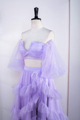 Two Piece Lavender Off the Shoulder Ruffles Prom Dress with Slit