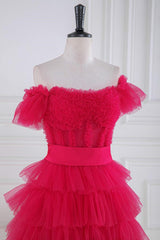 Off the Shoulder Fuchsia Ruffle Tiered Prom Dress with Sash