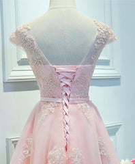 Pink Lace Tulle Short Prom Dress, Pink Evening Dress