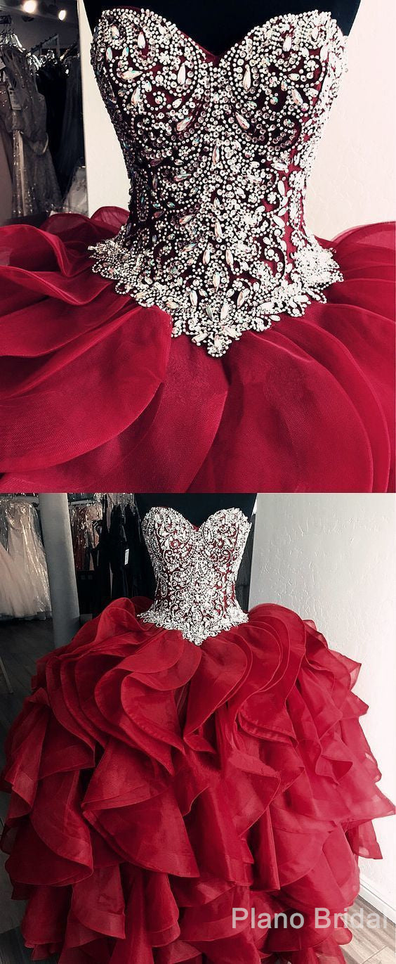 Burgundy Quinceanera Dress, Ball Gowns Crystal Beaded Bodice Corset