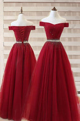 Burgundy A Line Off The Shoulder Sweetheart Prom Dresses, Beads Evening Dresses
