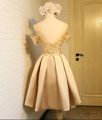 Golden Satin Lace Off Shoulder Short Homecoming Dresses, Knee Length Party Dresses