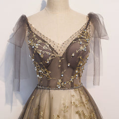 Gorgeous A-line V-neckline Long Party Dress Prom Dress, Lace Evening Dresses