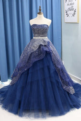 Gorgeous Tulle Strapless Beaded Long Layered Evening Dress, Blue Formal Dress Prom Dress