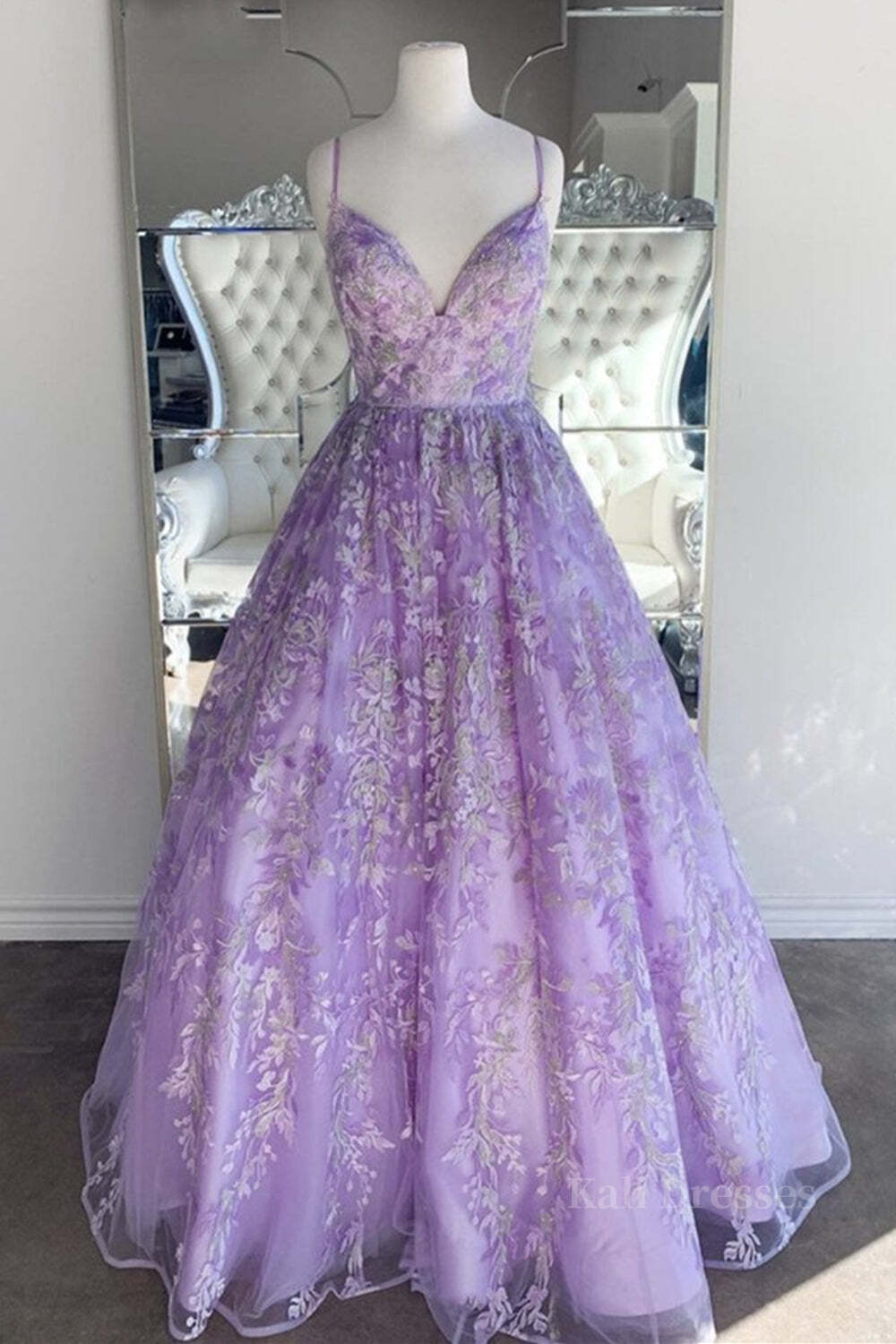 Gorgeous V Neck Thin Straps Purple Long Prom Dress, V Neck Purple Formal Evening Dress, Purple Ball Gown
