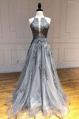 Gray tulle lace long prom dress gray tulle lace formal dress