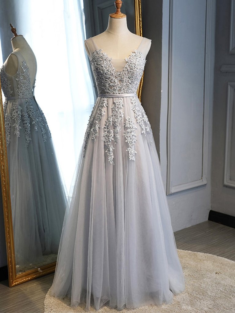 Gray Tulle with Lace Long Prom Dresses, A-line Floor Length Gray Evening Dresses, Gray Bridesmaid Dresses