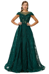 Beaded Cap Sleeves Prom Dresses with Overskirt