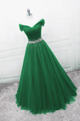 Green Off Shoulder Tulle Beaded A-line Formal Dress, Green Floor Length Long Prom Dress