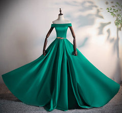 Green Satin A-line Long Off Shoulder Simple Prom Dress, Green Formal Dress Evening Dress