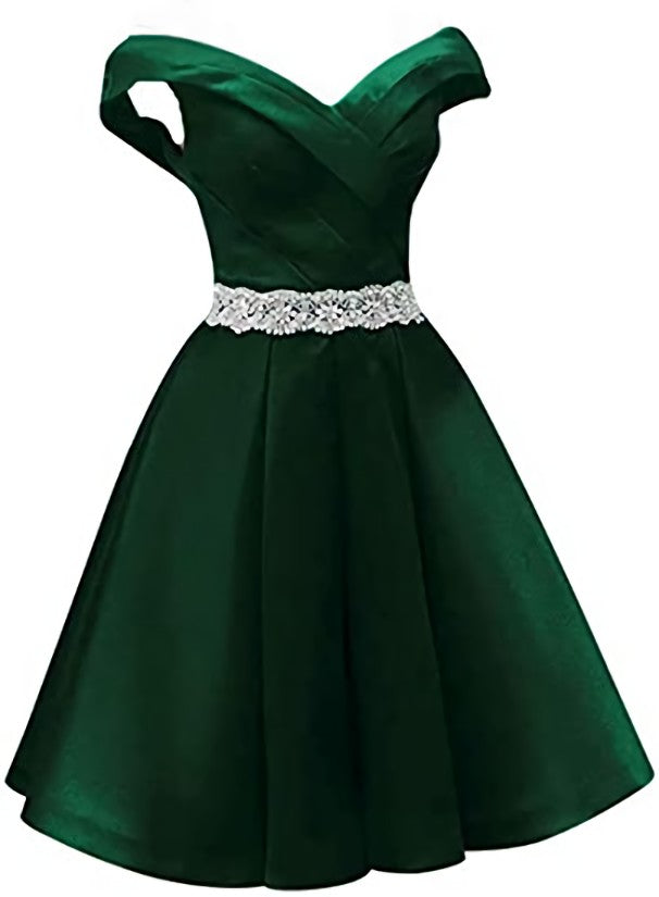 Green Satin Sweetheart Beaded Waist Short Homecoming Dress, Simple Short Prom Dress