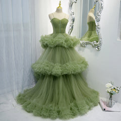 Green Tulle Layers Straps Sweetheart Long Evening Dress Party Dress, Green Formal Dress