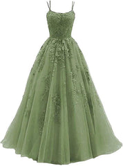 Green Tulle with Lace Applique Formal Gown, Green Evening Prom Dress
