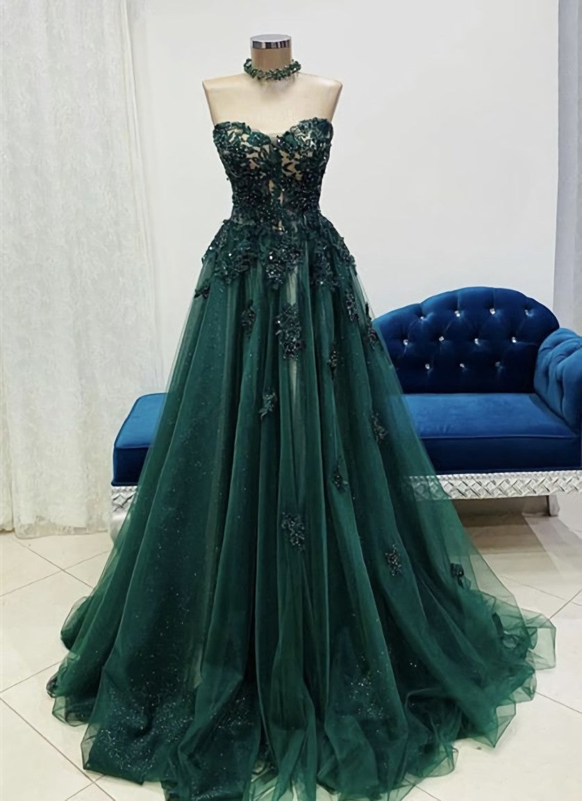Green Tulle with Lace Applique Sweetheart Long Formal Dress, Green Evening Gown