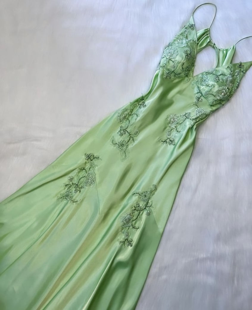 Green V neck Long Prom Dress
