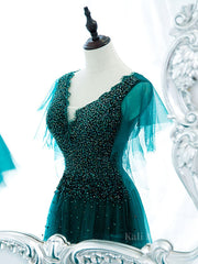 Green v neck tulle beads long prom dress, green tulle formal dress