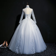 Grey A-line Long Sleeves with Lace Party Gown, Sweet 16 Dress