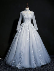 Grey A-line Long Sleeves with Lace Party Gown, Sweet 16 Dress
