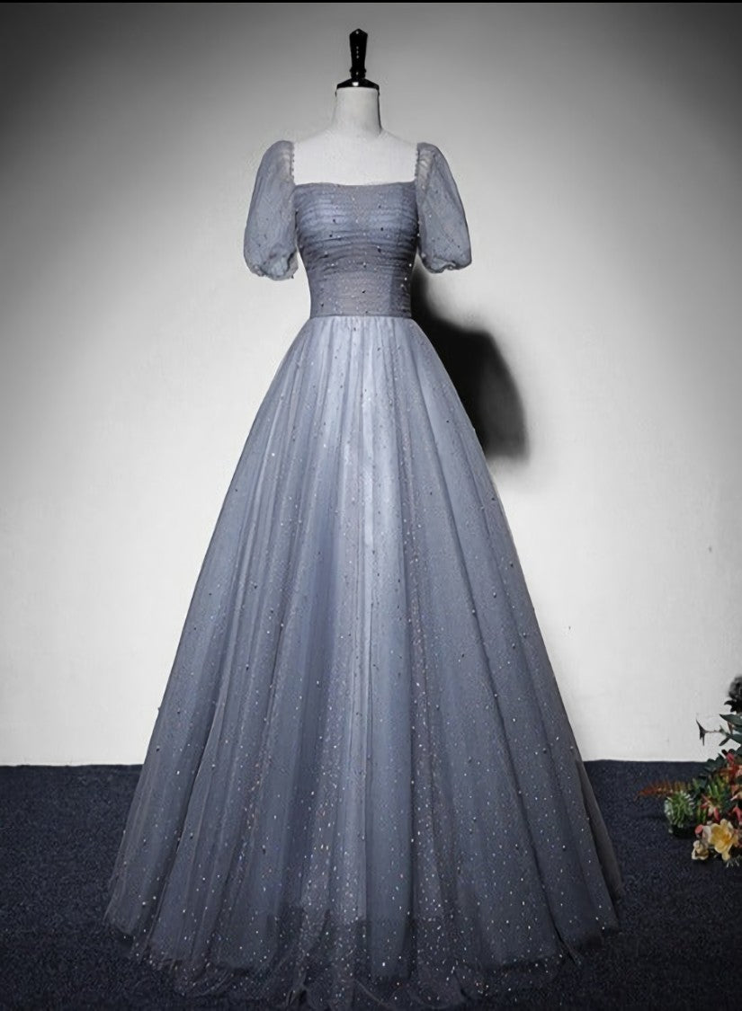 Grey Beaded Tulle Long Formal Dress Party Dress, Grey Evening Gown Formal Dress