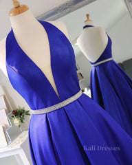 Halter V Neck Backless Blue Long Prom Dresses with Belt, Backless Blue Formal Evening Dresses