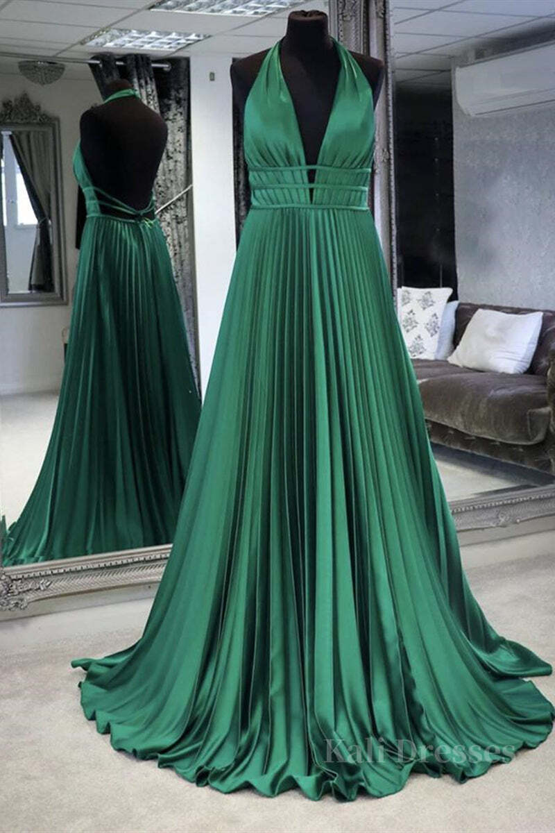Halter V Neck Backless Emerald Green Satin Long Prom Dress, Backless Emerald Green Formal Graduation Evening Dress