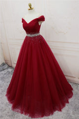 Handmade A-line Prom Dress , Off Shoulder Wine Red Party Dress